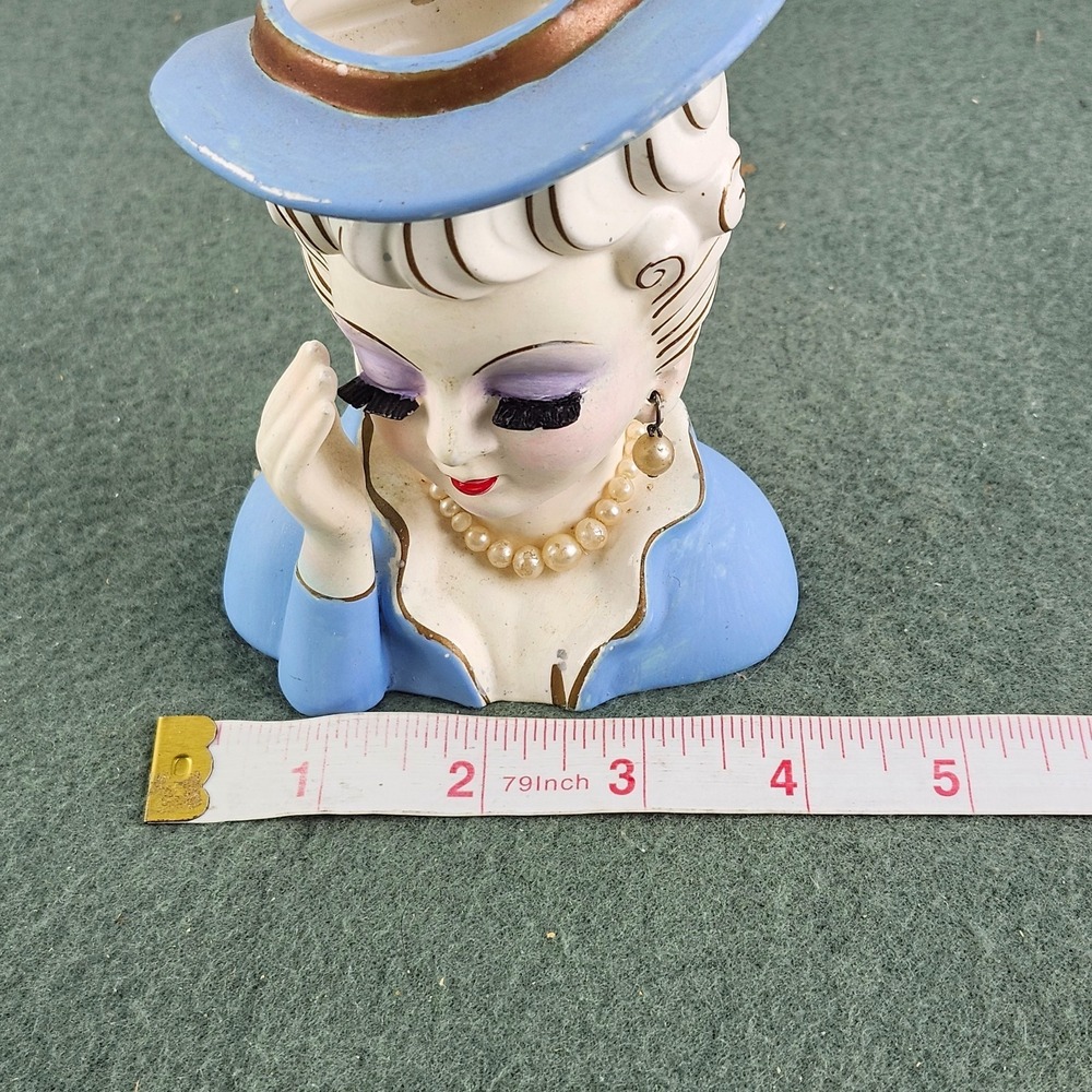 Vintage Japan Tilso Lady Head Vase Faux Necklace Earrings Blue Dress & Hat - Picture 7 of 9